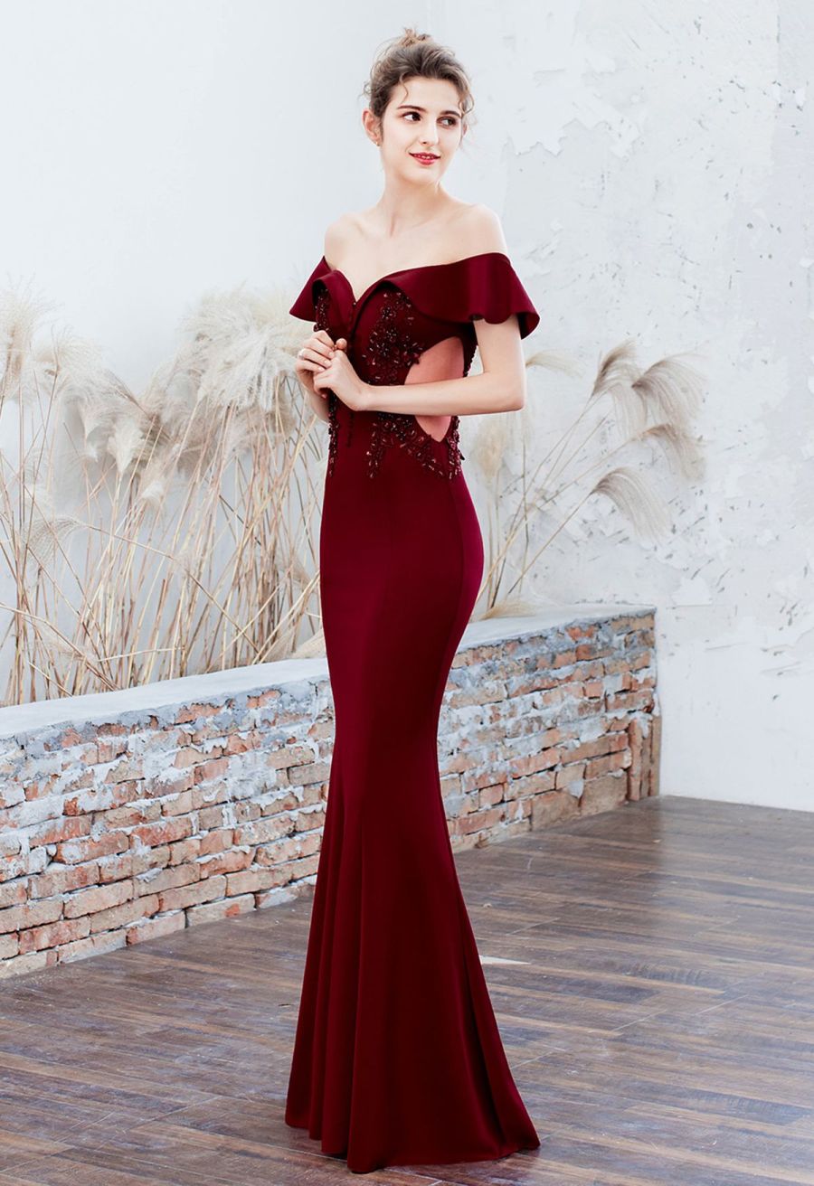 Ruffled Off-Shoulder Embroidery Mermaid Gown in Burgundy