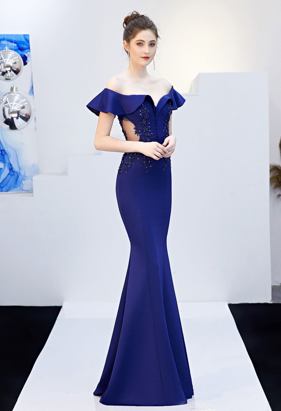 Ruffled Off-Shoulder Embroidery Mermaid Gown in Navy