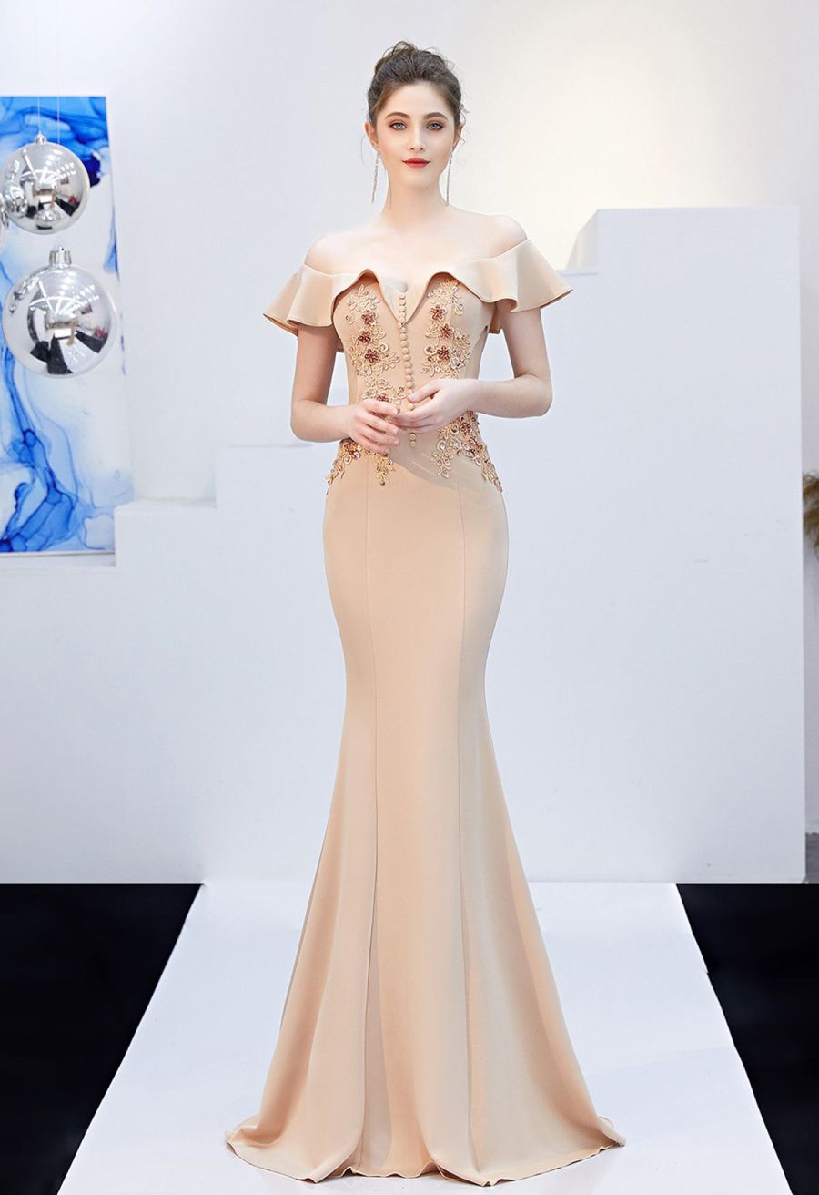 Ruffled Off-Shoulder Embroidery Mermaid Gown in Apricot