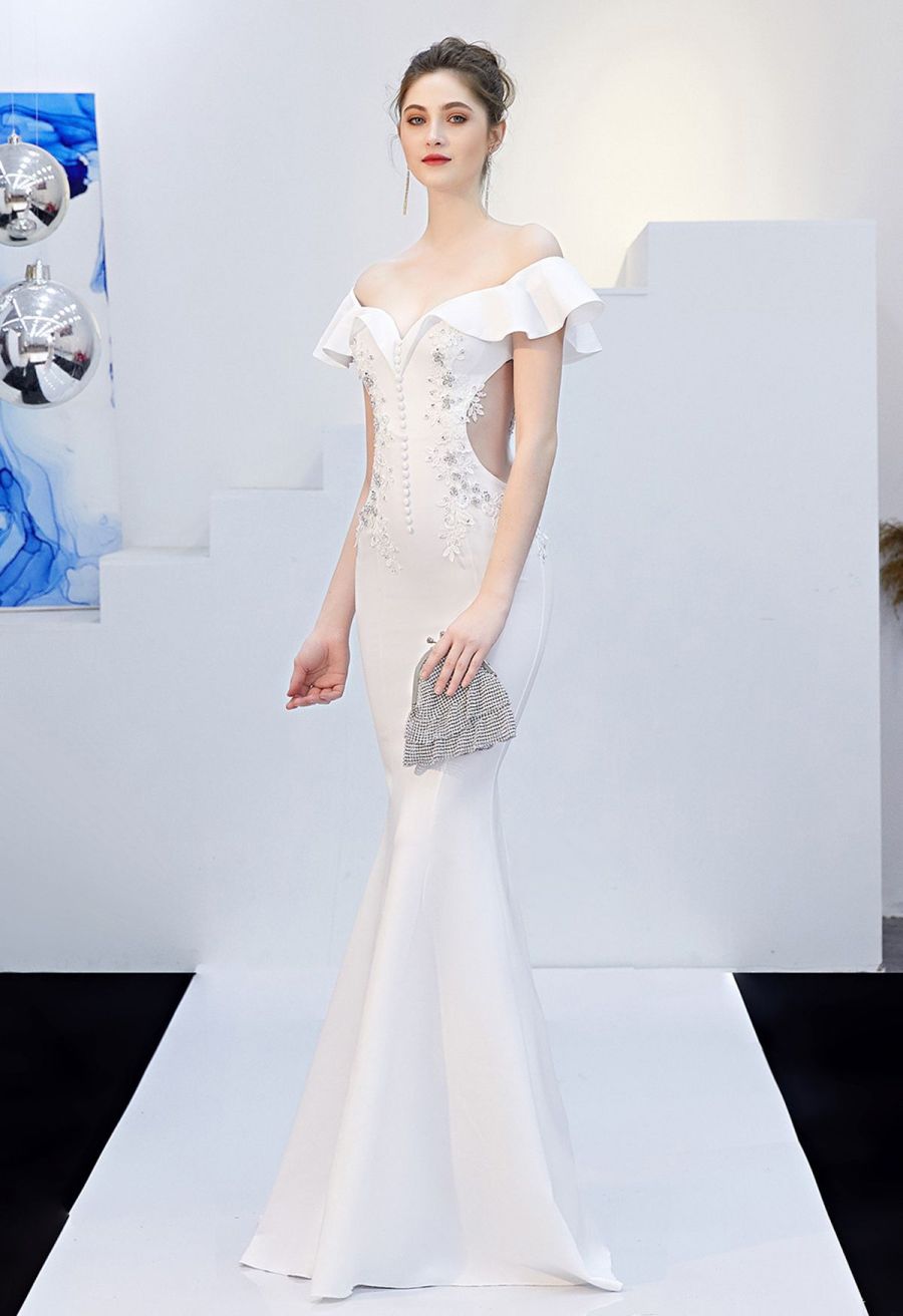 Ruffled Off-Shoulder Embroidery Mermaid Gown in White