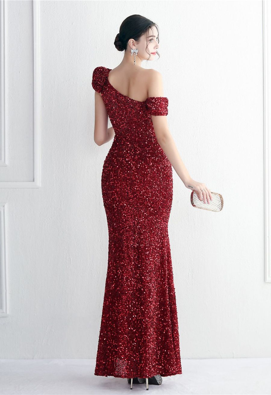 Tiered Ruffle One Shoulder Sequin Slit Gown in Burgundy