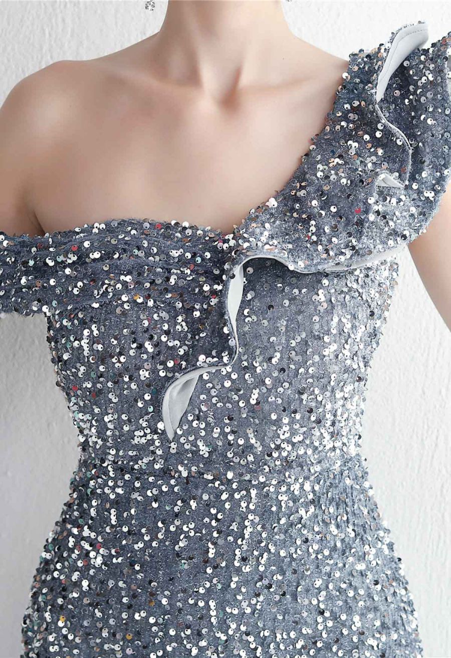 Tiered Ruffle One Shoulder Sequin Slit Gown in Grey
