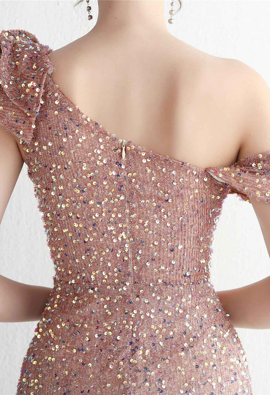Tiered Ruffle One Shoulder Sequin Slit Gown in Pink