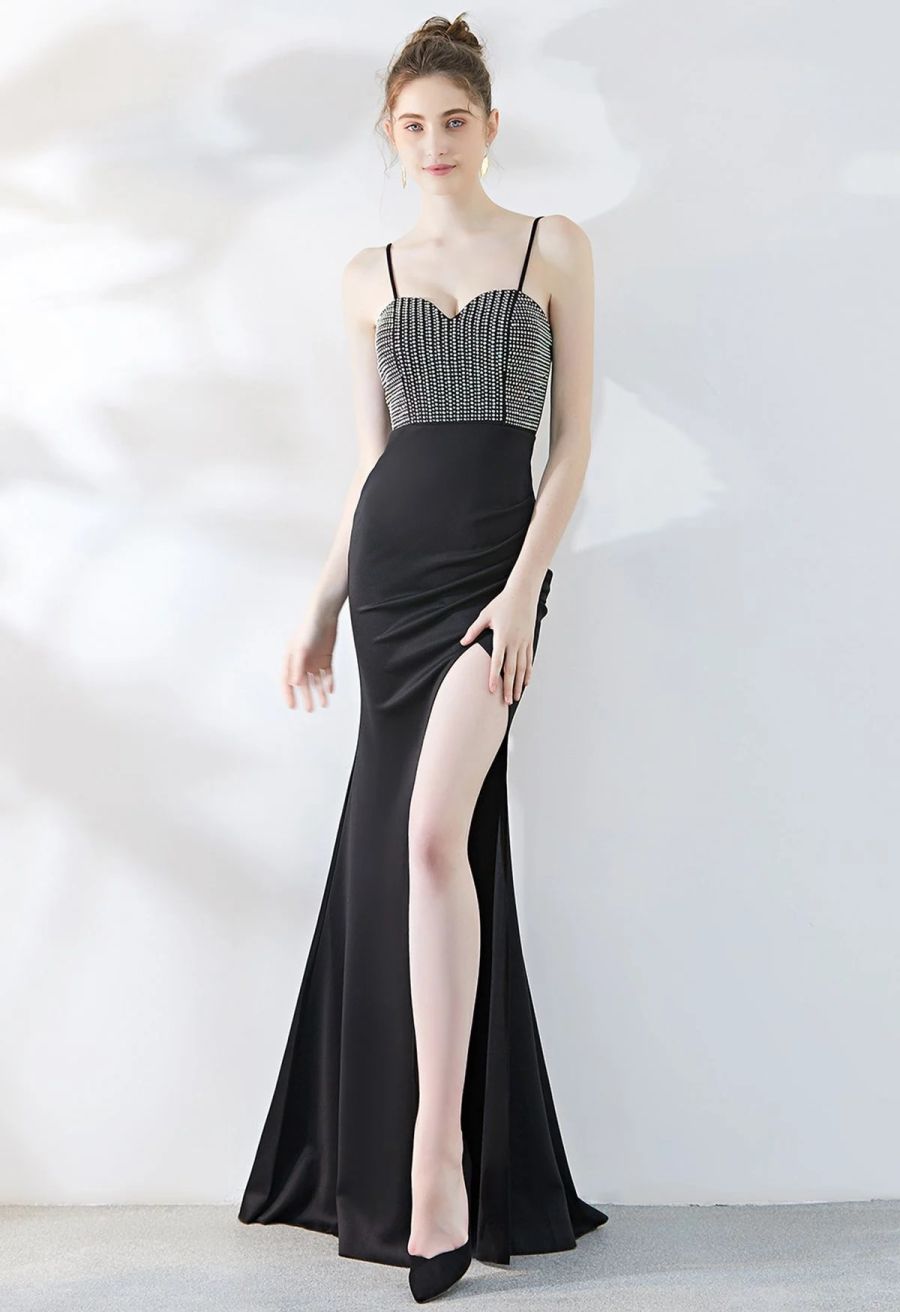 Crystal Embellished High Slit Satin Gown in Black