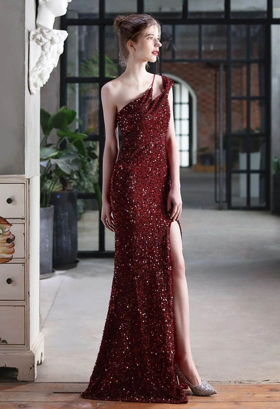 Evening Elegance Sequin One Shoulder Slit Gown in Burgundy