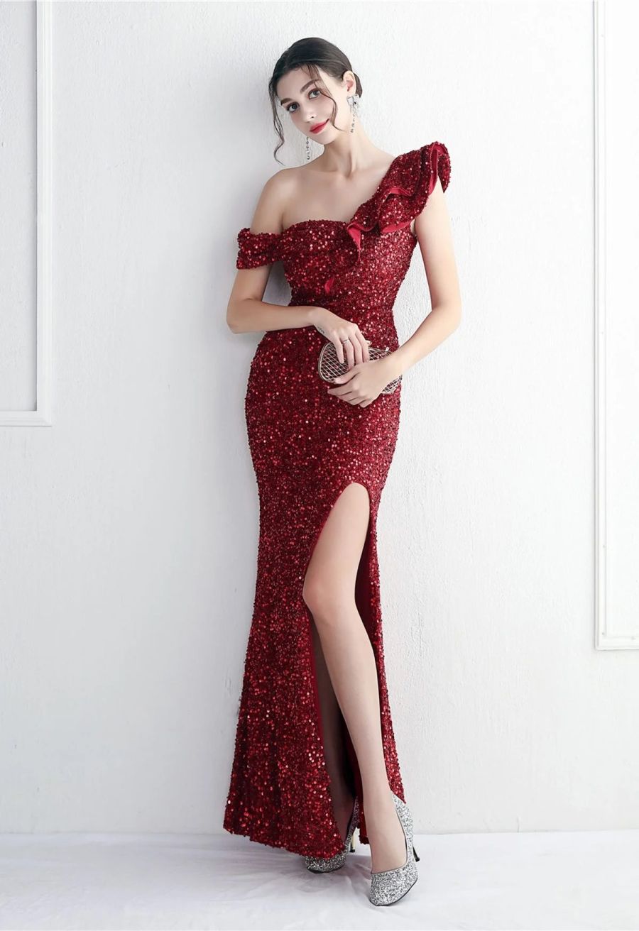 Tiered Ruffle One Shoulder Sequin Slit Gown in Burgundy
