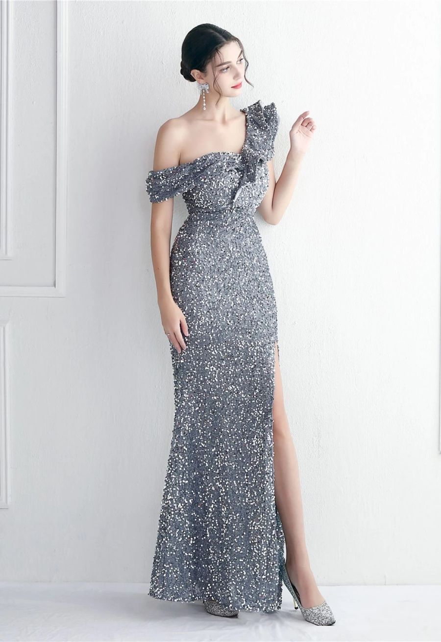 Tiered Ruffle One Shoulder Sequin Slit Gown in Grey