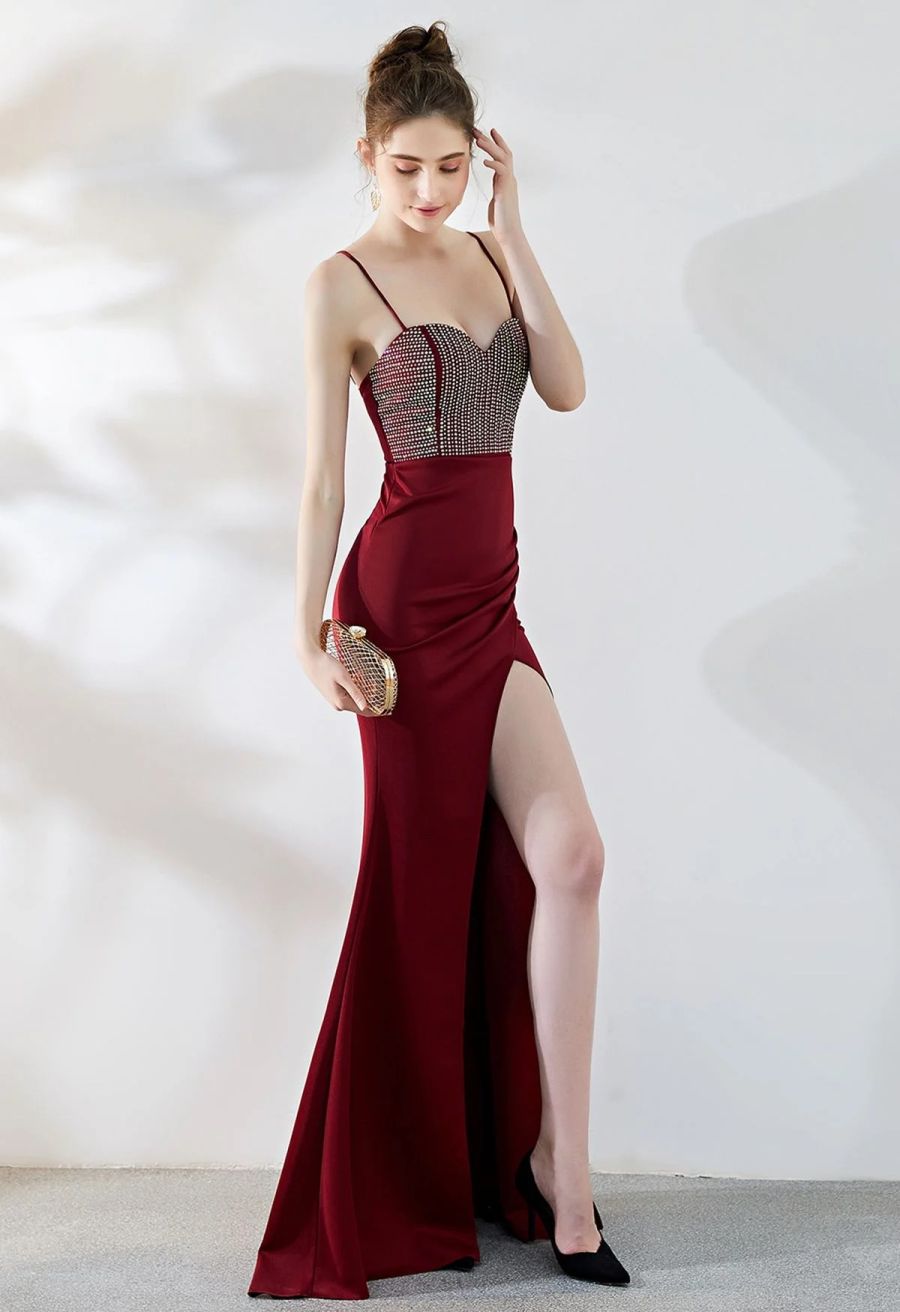 Crystal Embellished High Slit Satin Gown in Burgundy