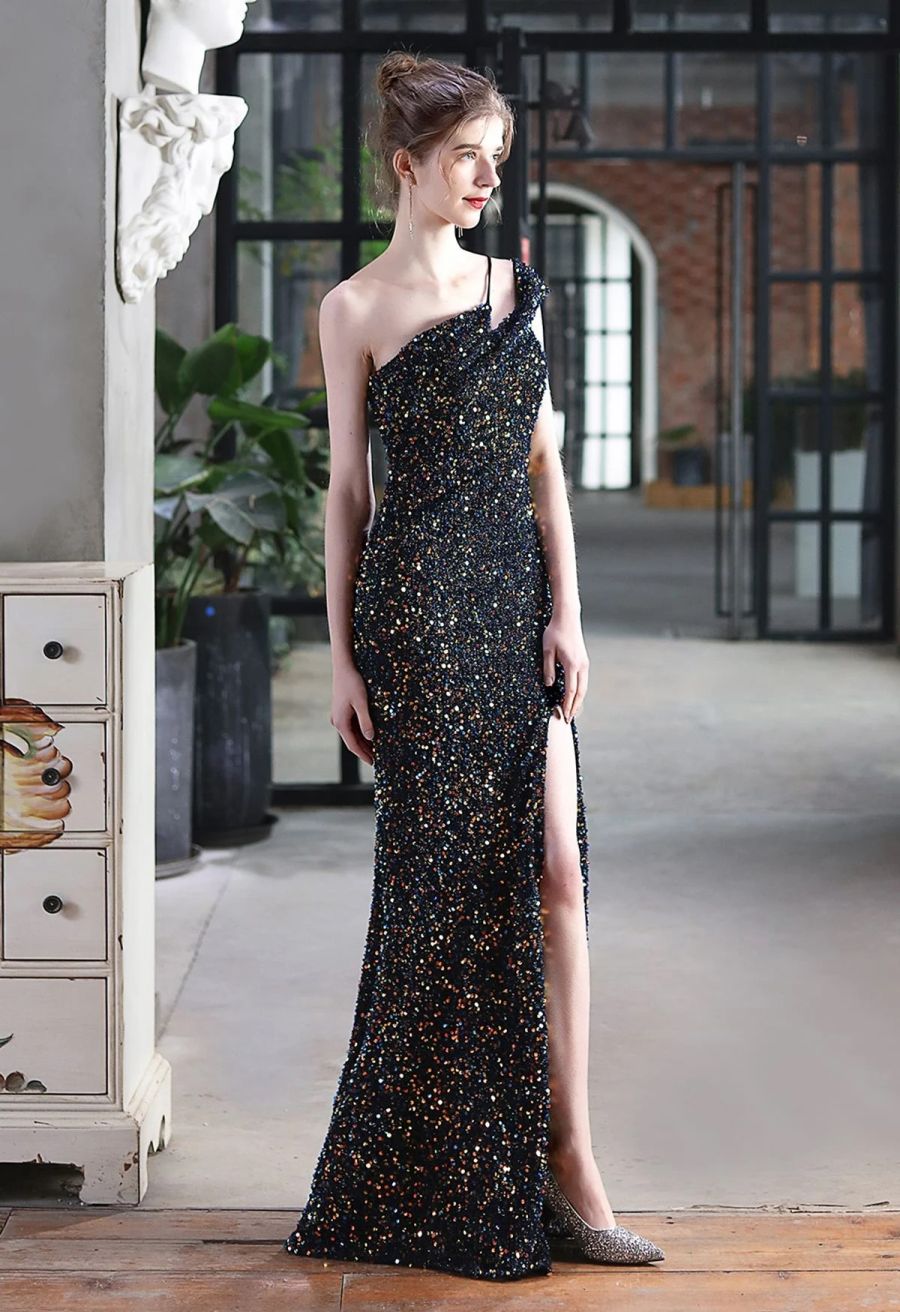 Evening Elegance Sequin One Shoulder Slit Gown in Black