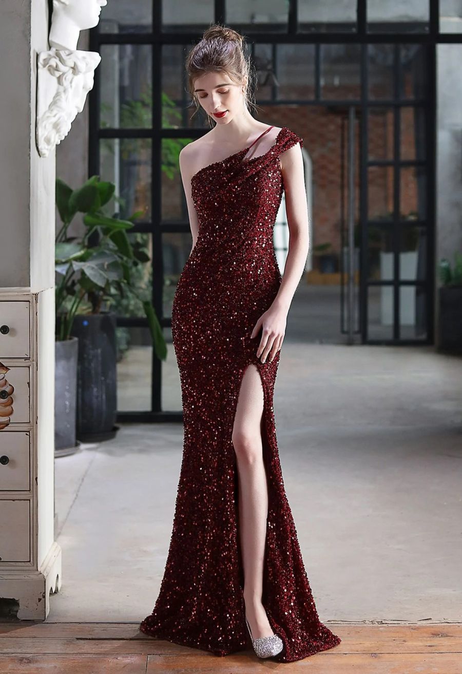 Evening Elegance Sequin One Shoulder Slit Gown in Burgundy