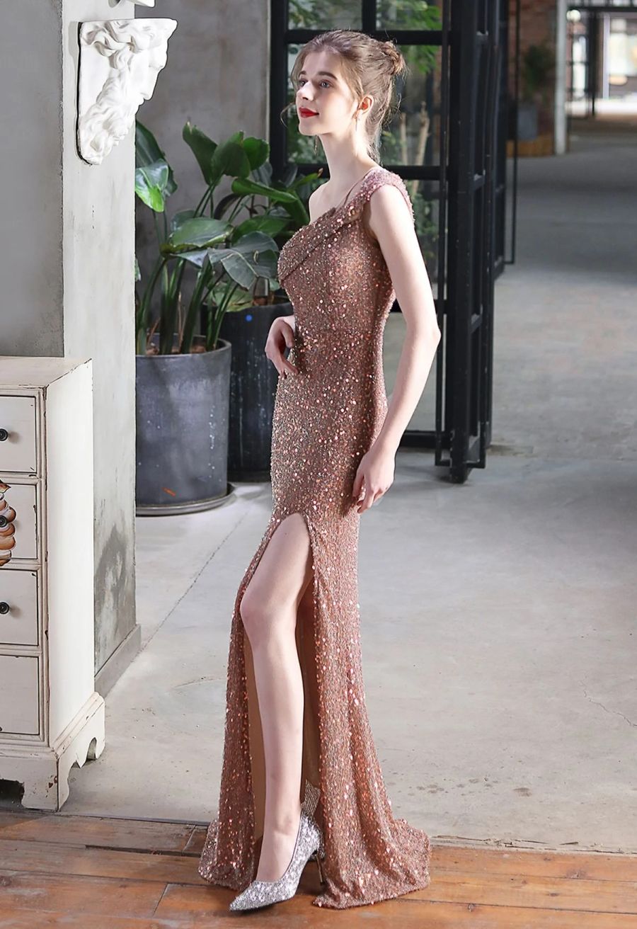 Evening Elegance Sequin One Shoulder Slit Gown in Gold