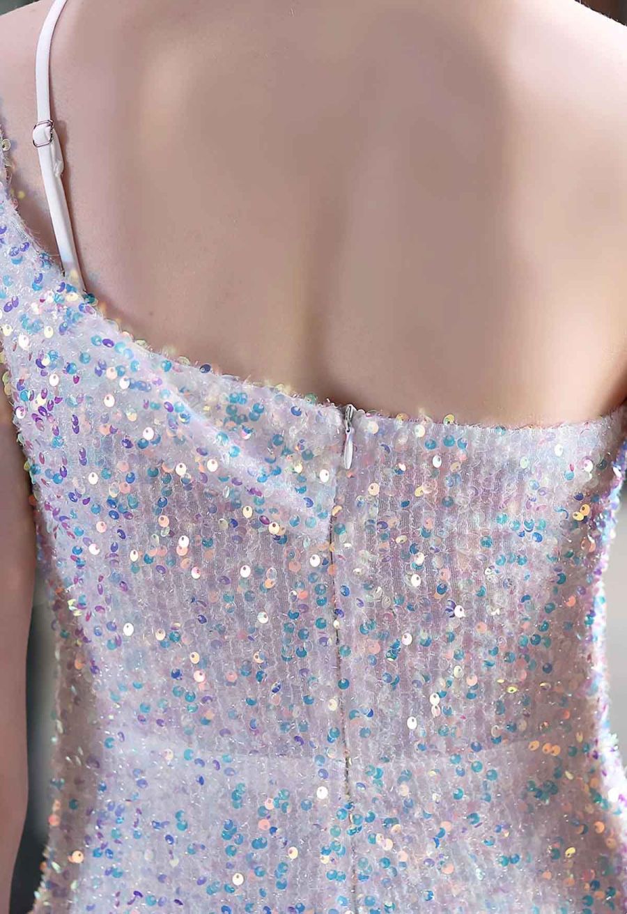 Evening Elegance Sequin One Shoulder Slit Gown in White