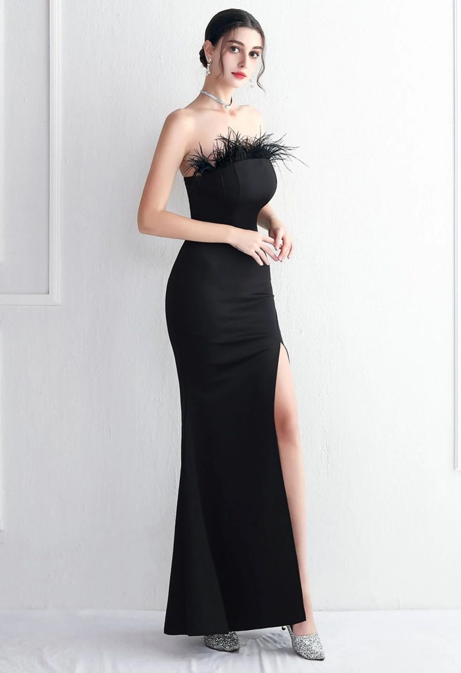 Feather Trim Strapless Slit Gown in Black