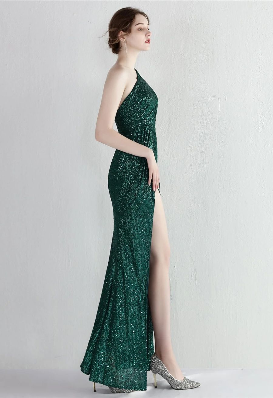 One Shoulder Sequins High Slit Gown in Emerald