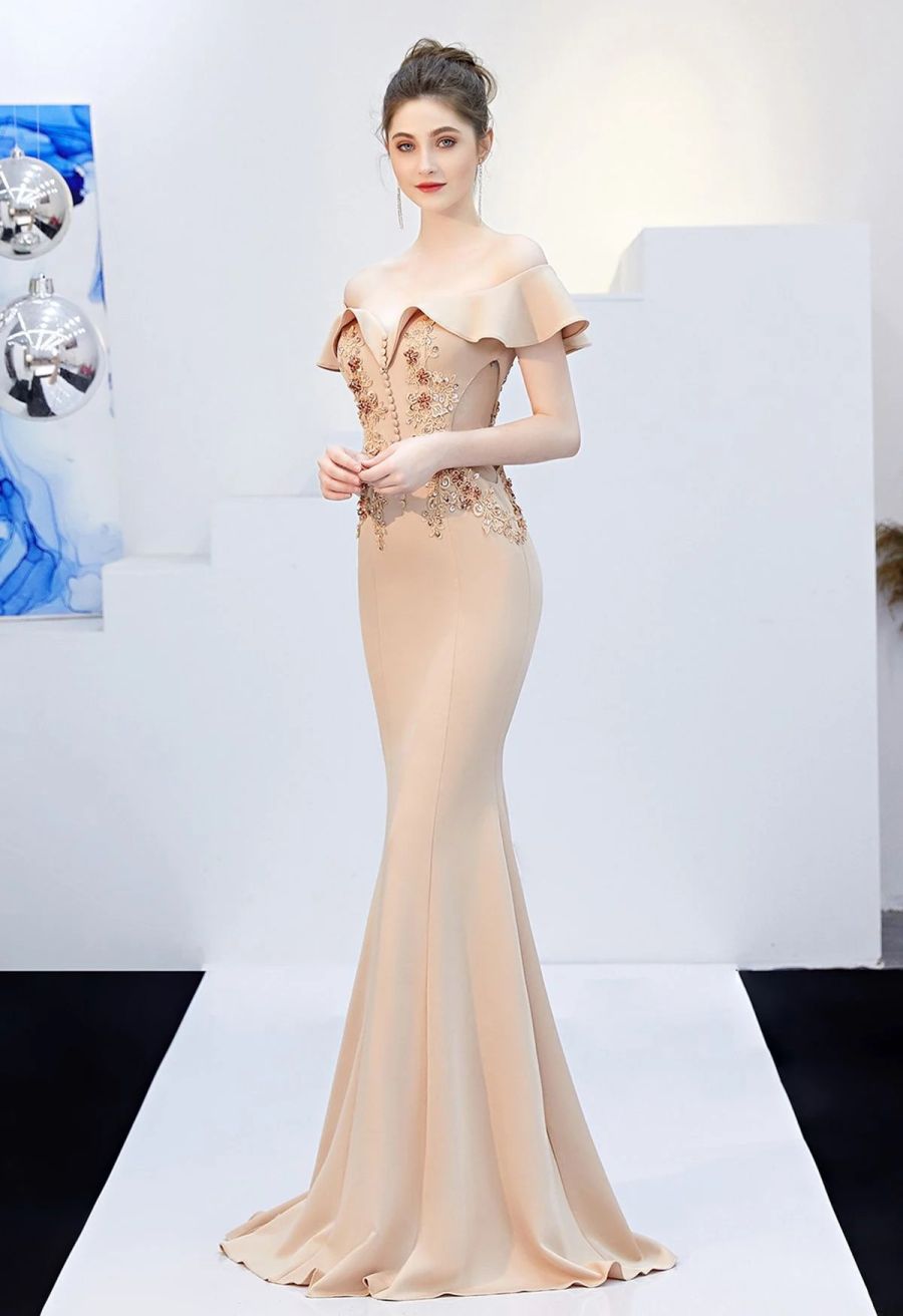 Ruffled Off-Shoulder Embroidery Mermaid Gown in Apricot