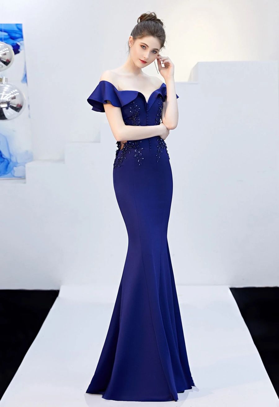 Ruffled Off-Shoulder Embroidery Mermaid Gown in Navy