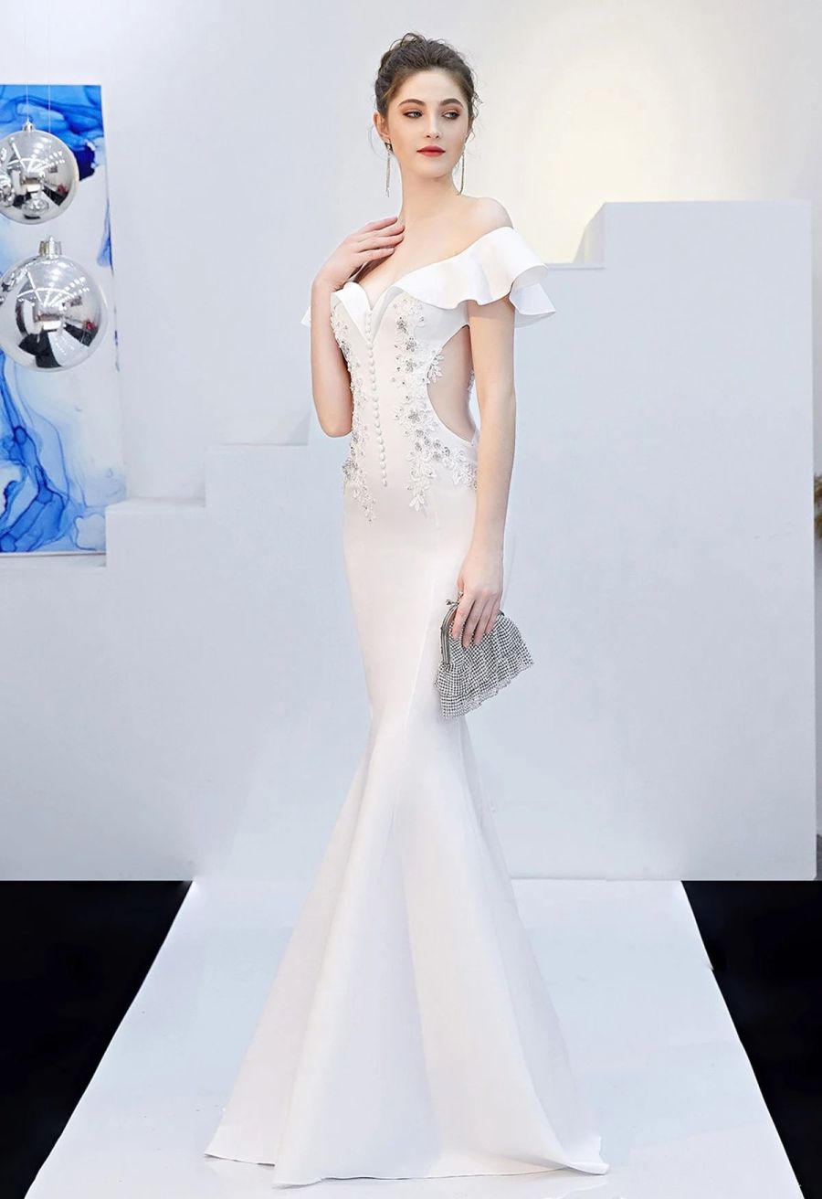 Ruffled Off-Shoulder Embroidery Mermaid Gown in White