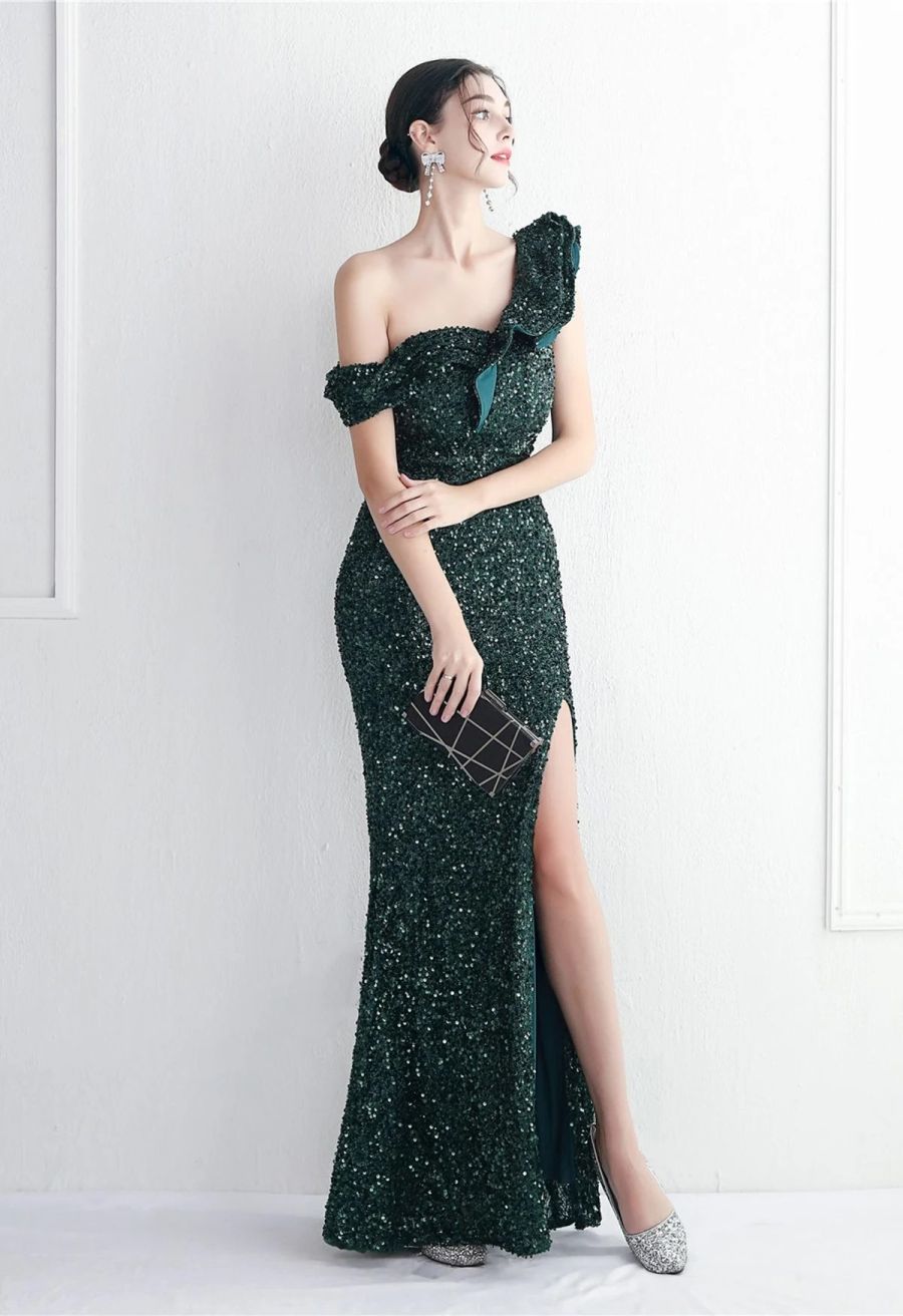 Tiered Ruffle One Shoulder Sequin Slit Gown in Dark Green