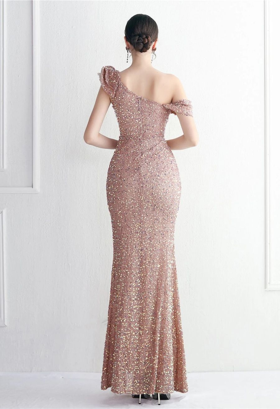 Tiered Ruffle One Shoulder Sequin Slit Gown in Pink