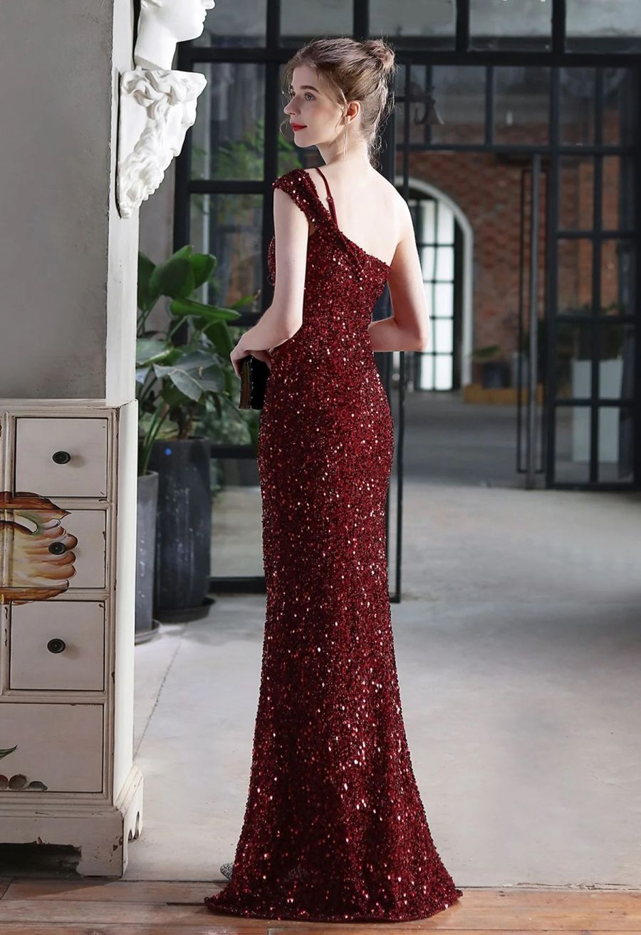 Evening Elegance Sequin One Shoulder Slit Gown in Burgundy