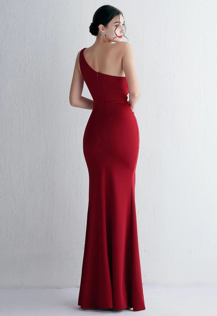One Shoulder Cutout Slit Gown in Burgundy