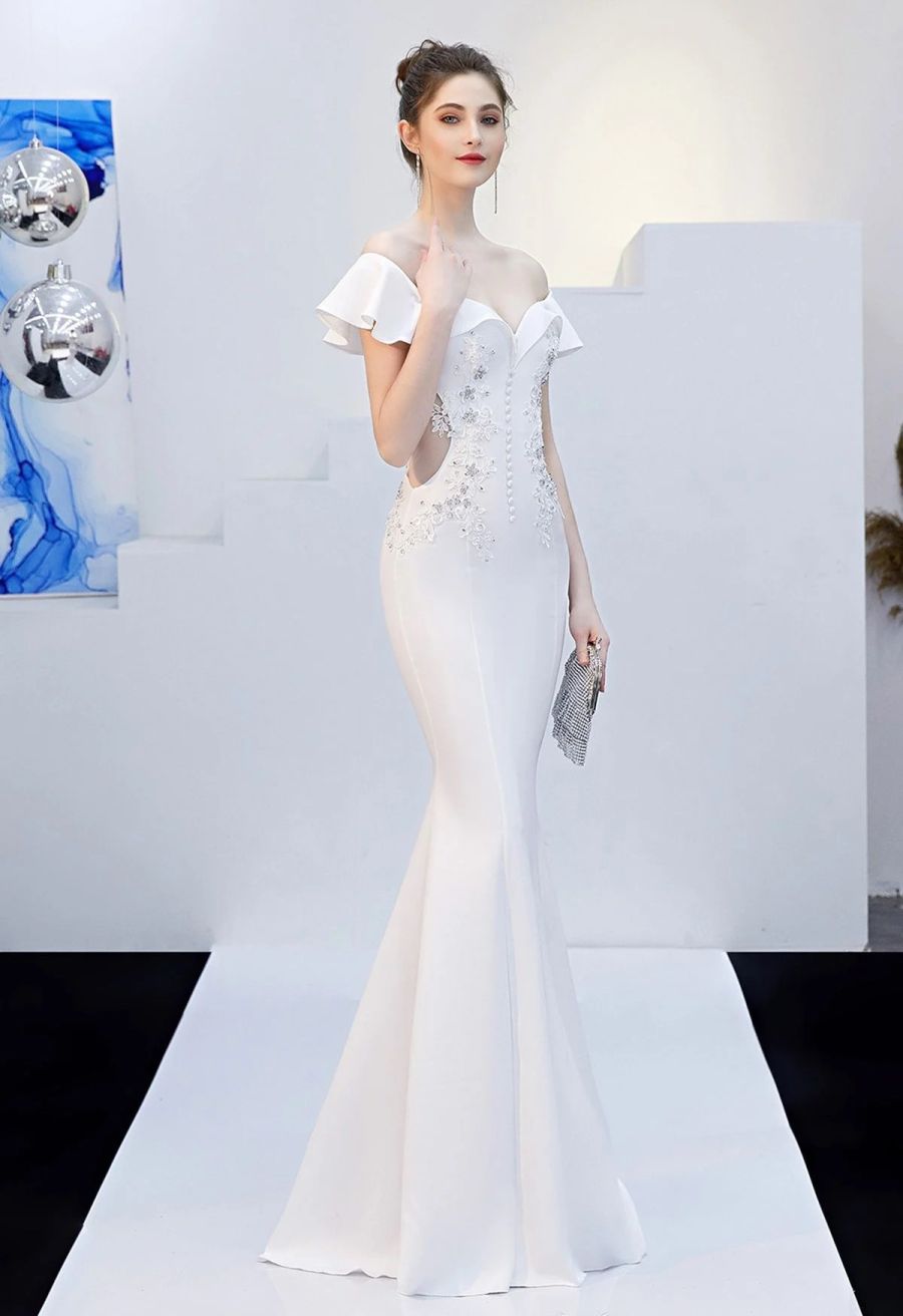 Ruffled Off-Shoulder Embroidery Mermaid Gown in White