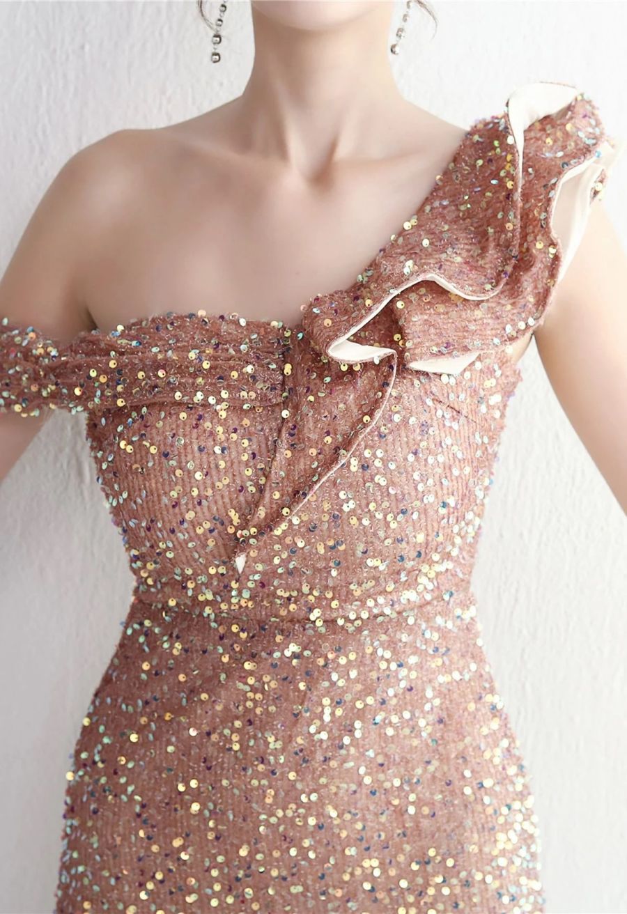Tiered Ruffle One Shoulder Sequin Slit Gown in Pink