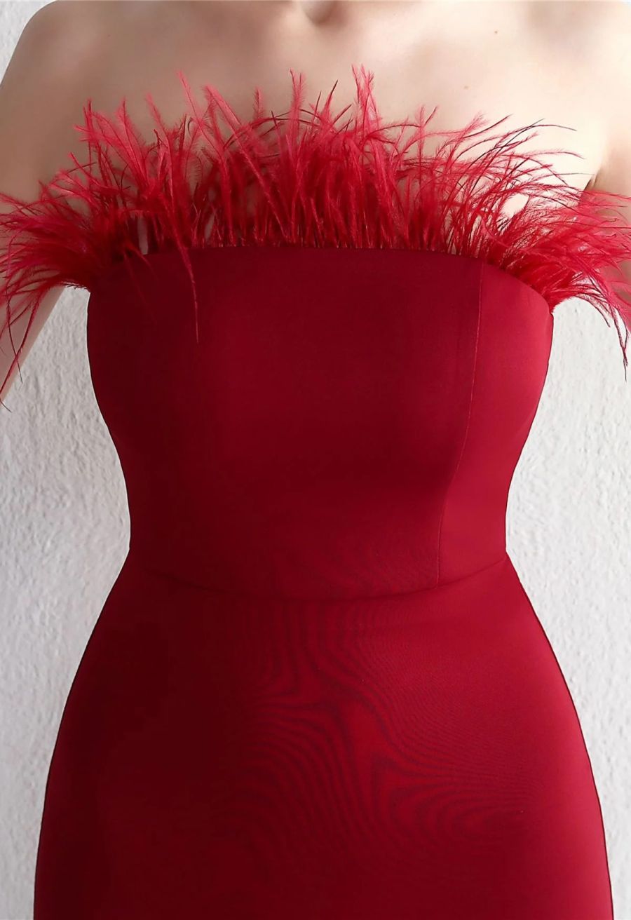 Feather Trim Strapless Slit Gown in Red