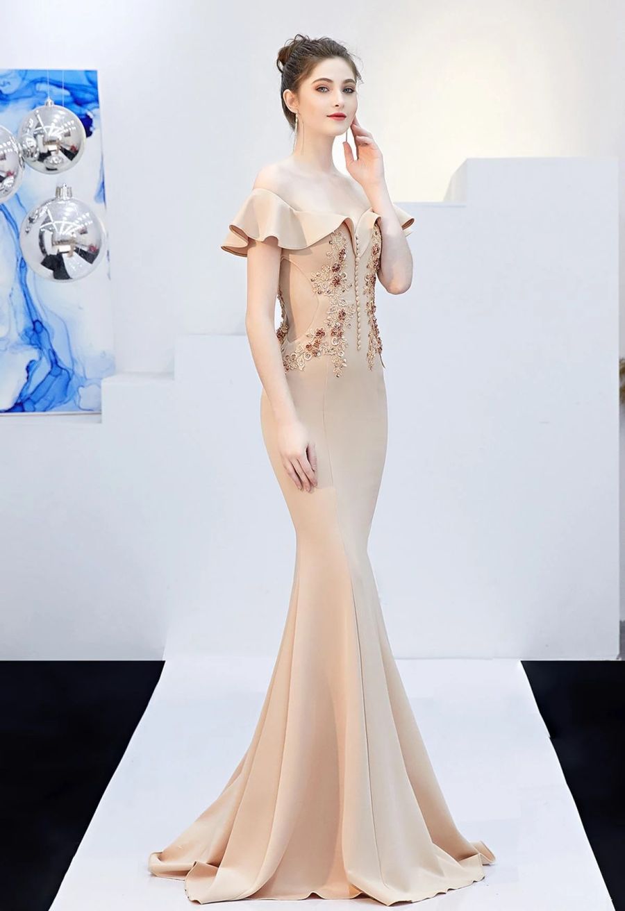 Ruffled Off-Shoulder Embroidery Mermaid Gown in Apricot