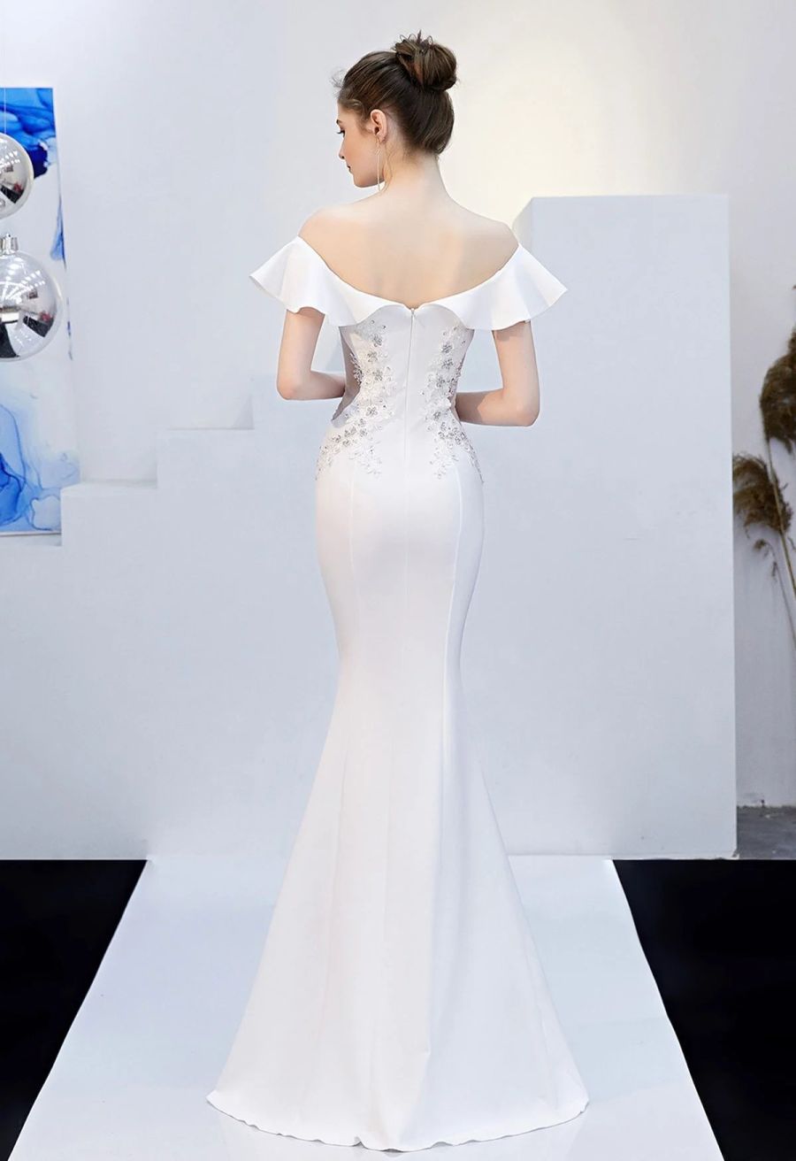 Ruffled Off-Shoulder Embroidery Mermaid Gown in White