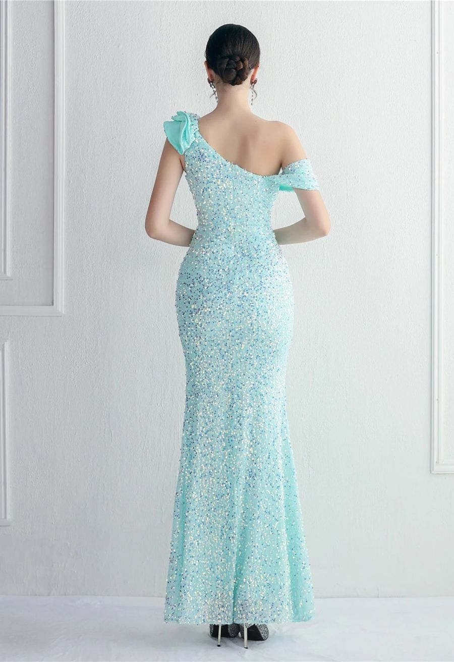 Tiered Ruffle One Shoulder Sequin Slit Gown in Mint