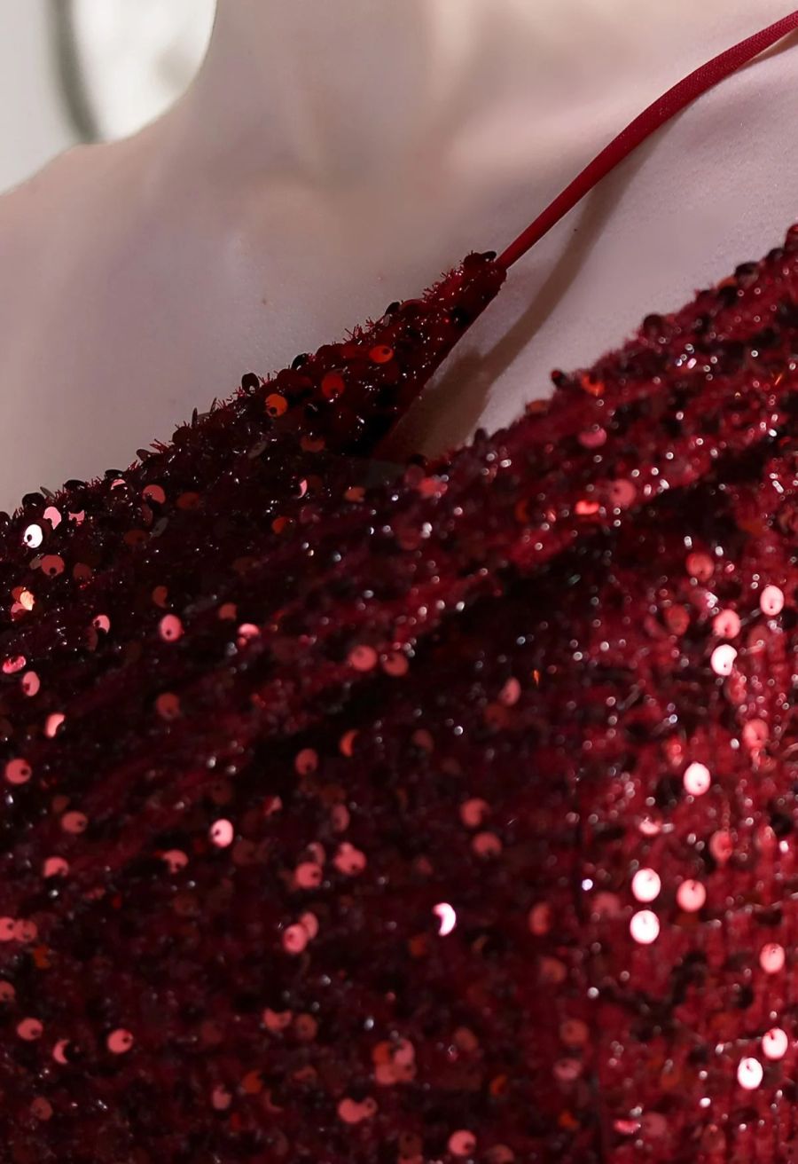 Evening Elegance Sequin One Shoulder Slit Gown in Burgundy