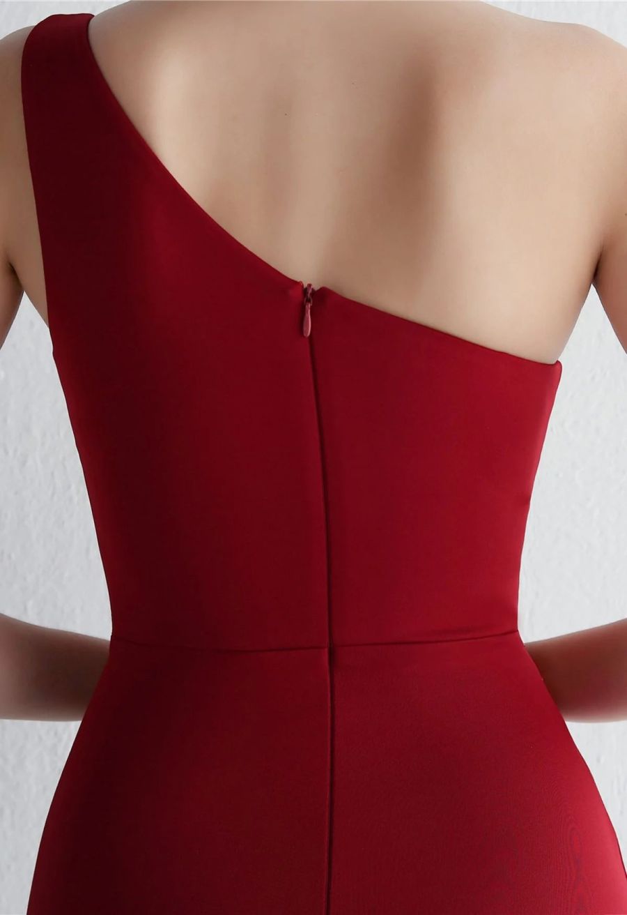 One Shoulder Cutout Slit Gown in Burgundy
