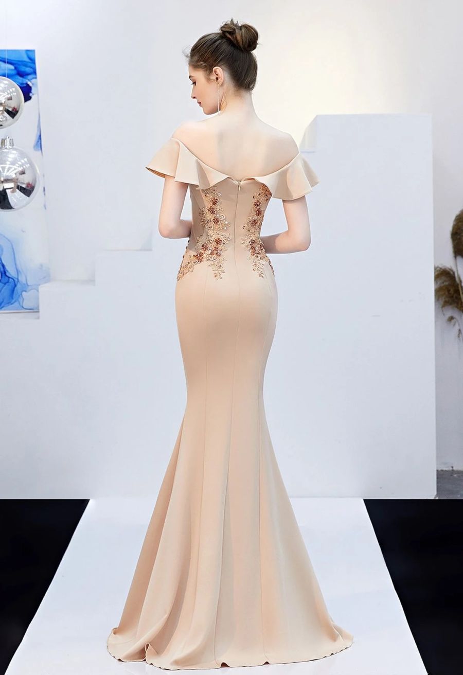 Ruffled Off-Shoulder Embroidery Mermaid Gown in Apricot