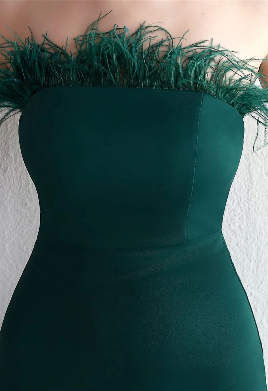 Feather Trim Strapless Slit Gown in Emerald