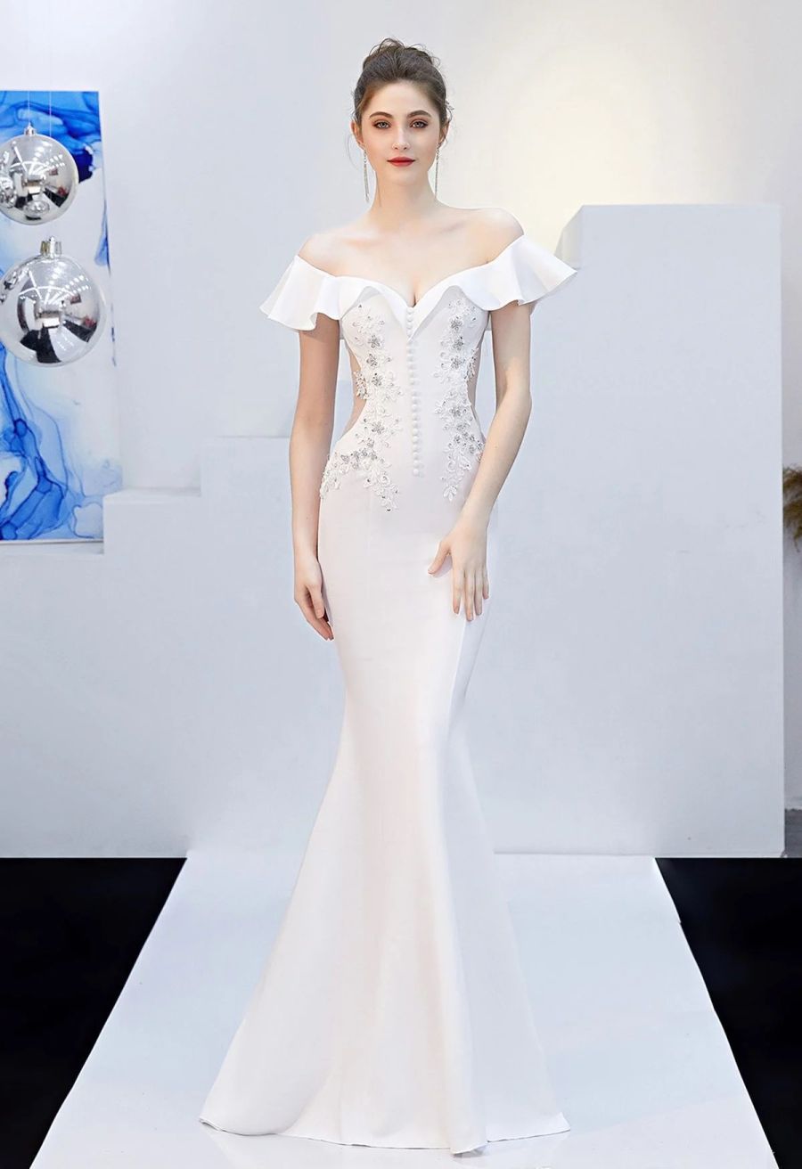 Ruffled Off-Shoulder Embroidery Mermaid Gown in White