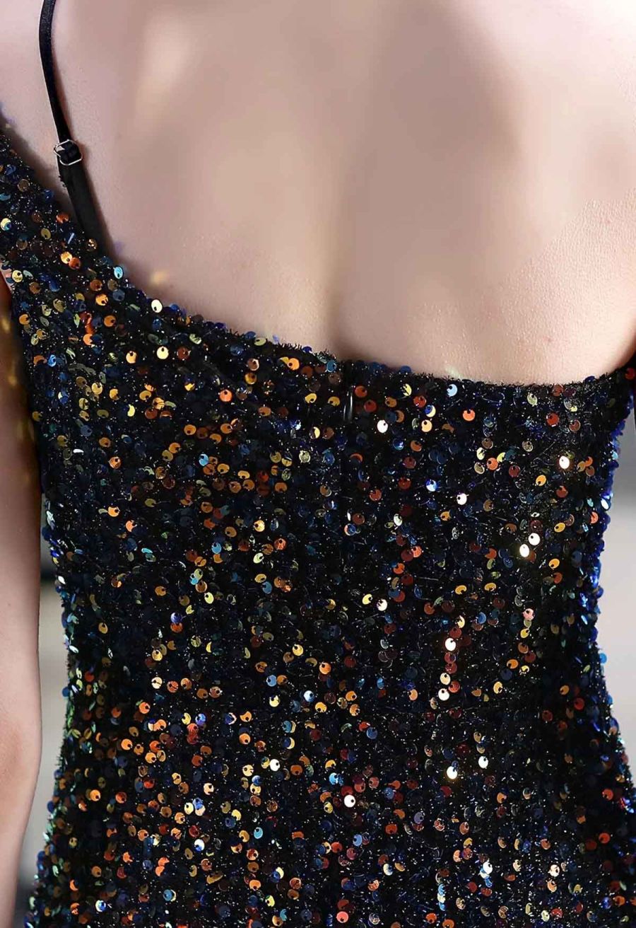 Evening Elegance Sequin One Shoulder Slit Gown in Black