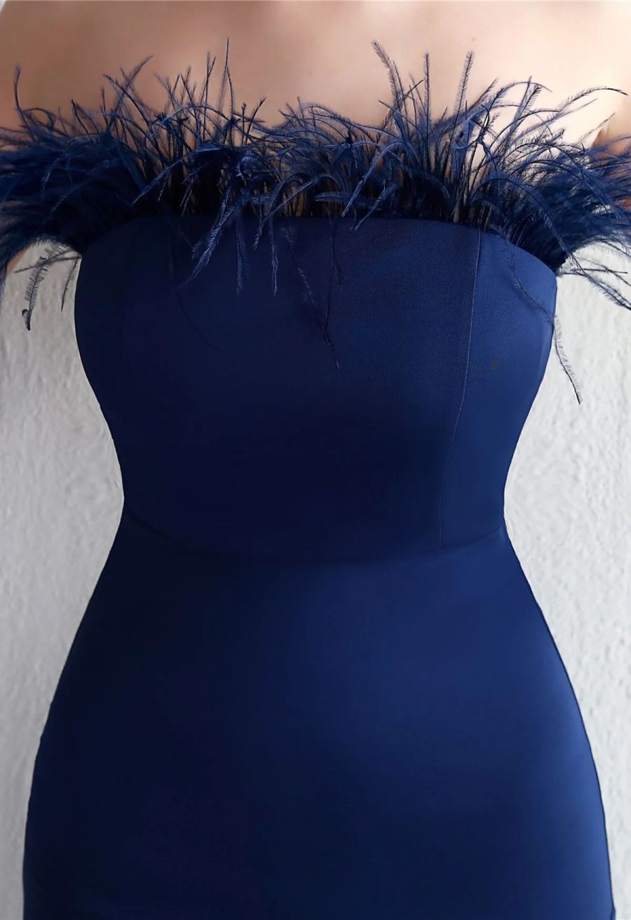 Feather Trim Strapless Slit Gown in Navy
