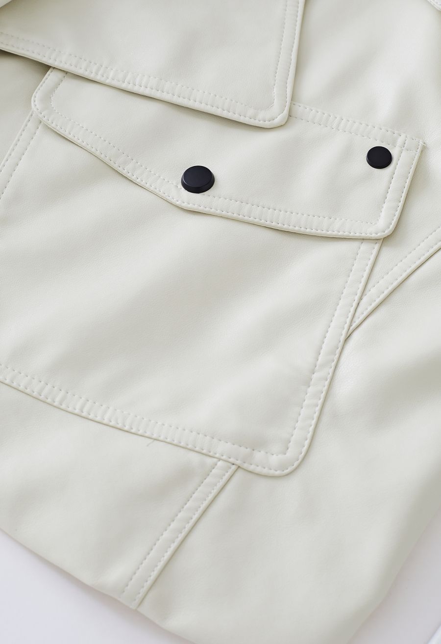 Stud Button Faux Leather Moto Jacket in Ivory