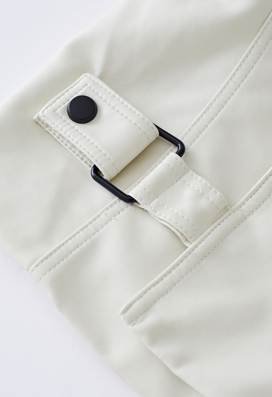 Stud Button Faux Leather Moto Jacket in Ivory