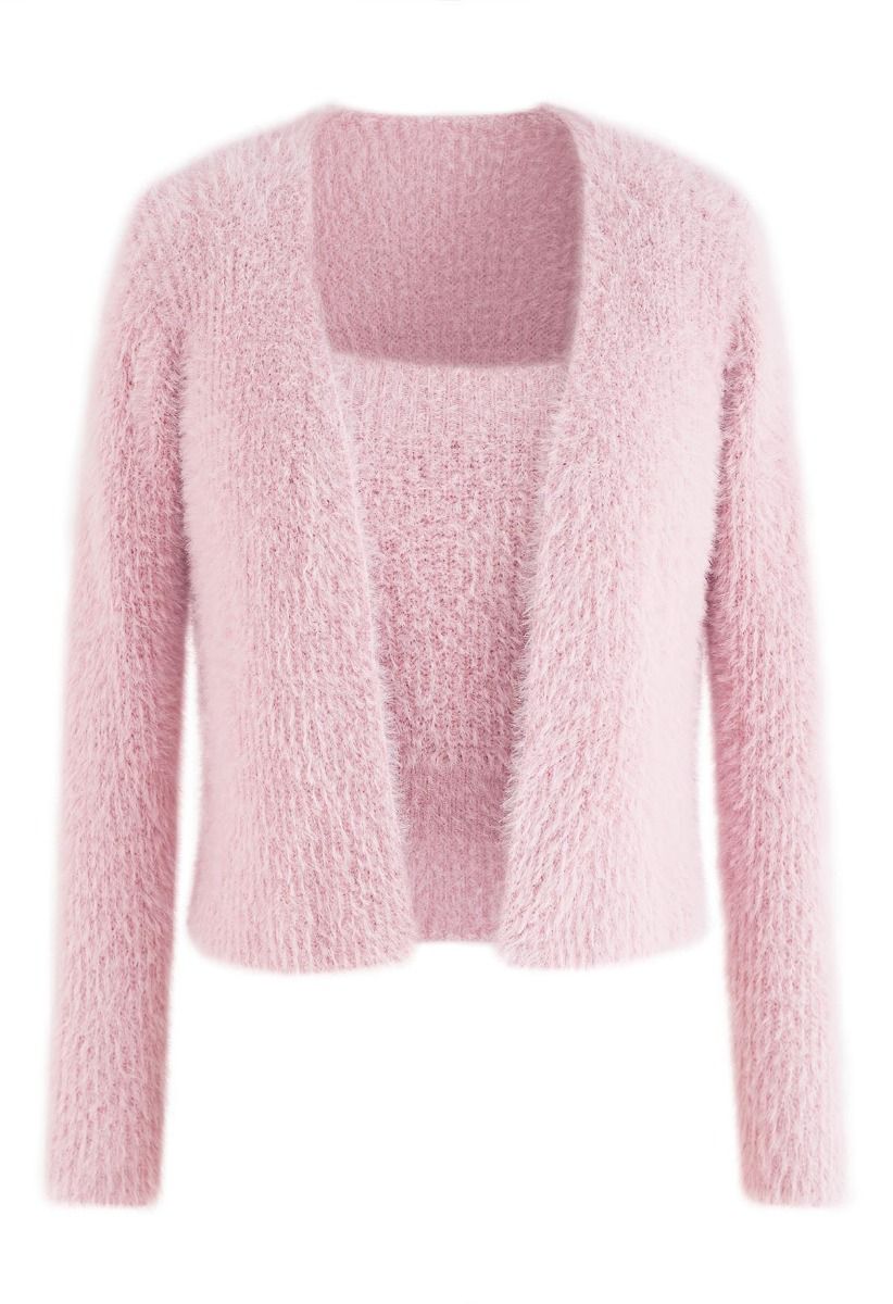 Extra Soft Fuzzy Knit Cami Top and Cardigan Set in Pink