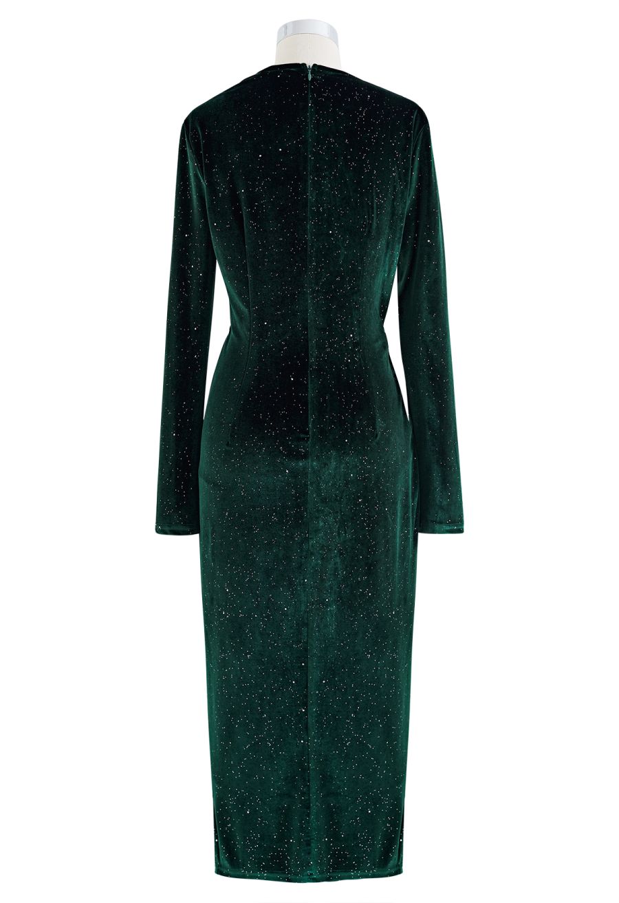 Glittery Velvet Wrap Midi Dress in Emerald