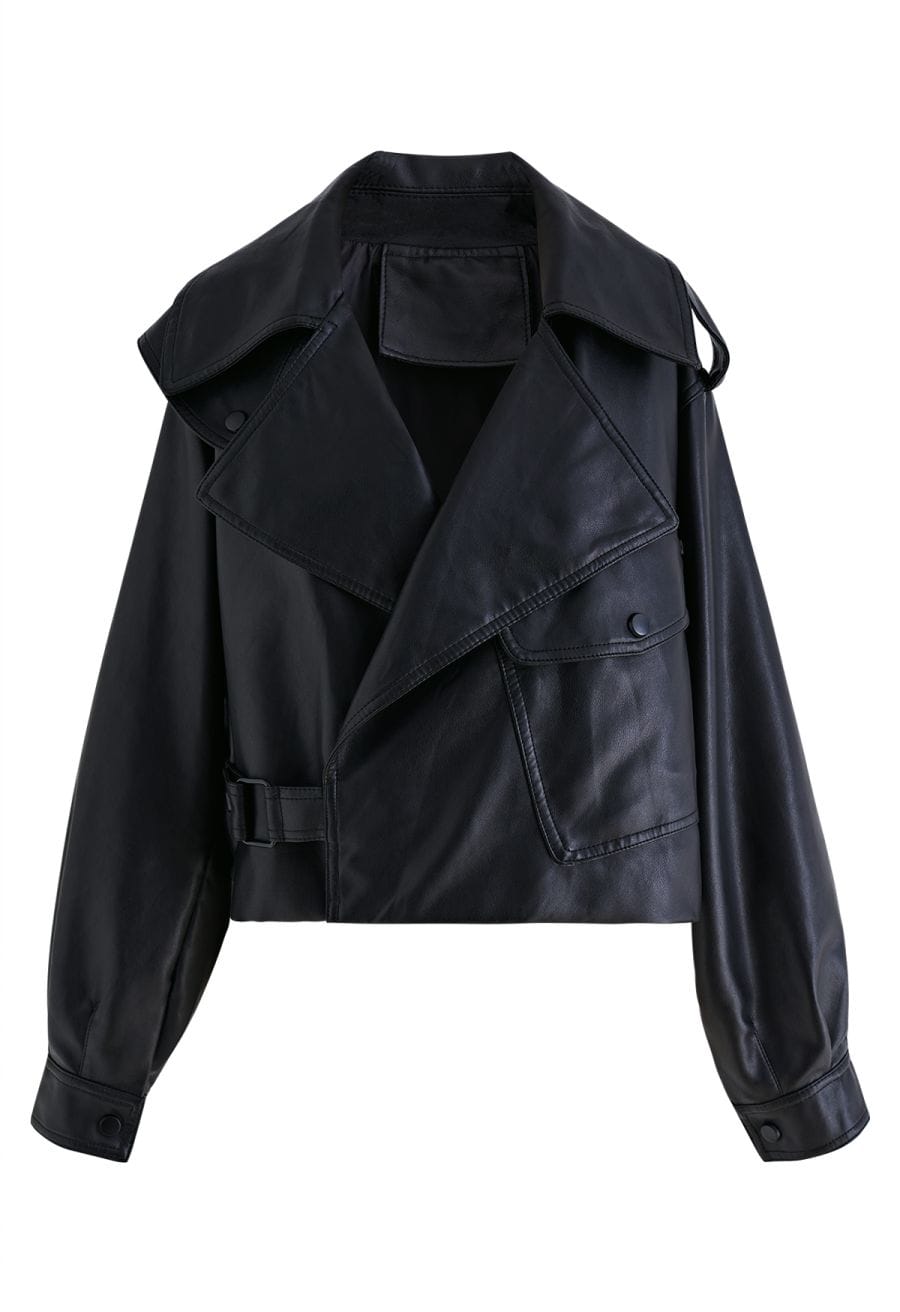 Stud Button Faux Leather Moto Jacket in Black