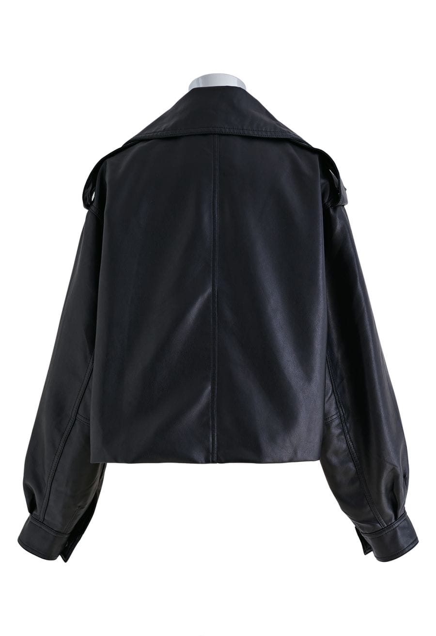 Stud Button Faux Leather Moto Jacket in Black