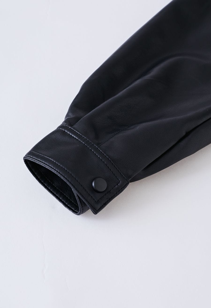 Stud Button Faux Leather Moto Jacket in Black