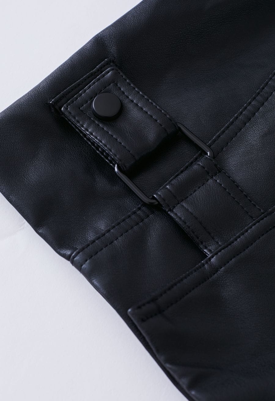 Stud Button Faux Leather Moto Jacket in Black