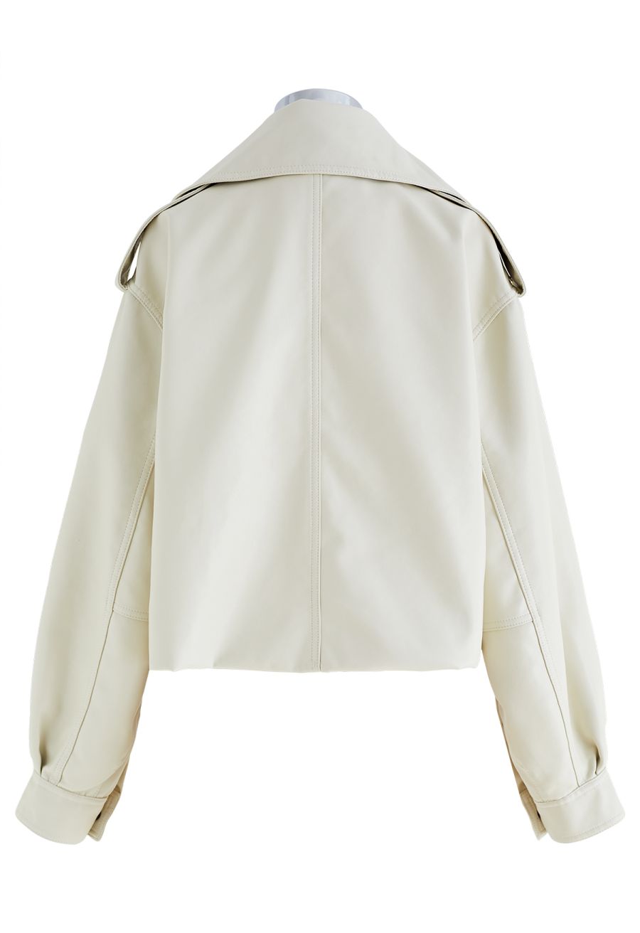 Stud Button Faux Leather Moto Jacket in Ivory