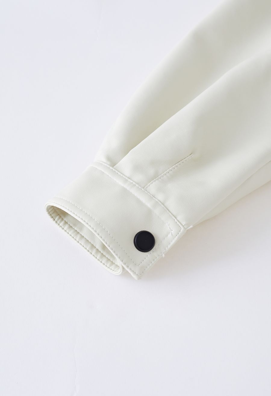 Stud Button Faux Leather Moto Jacket in Ivory