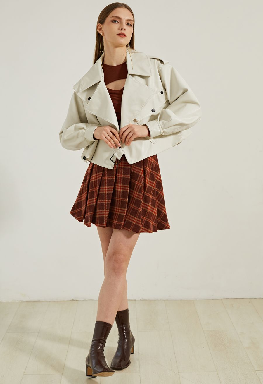 Stud Button Faux Leather Moto Jacket in Ivory