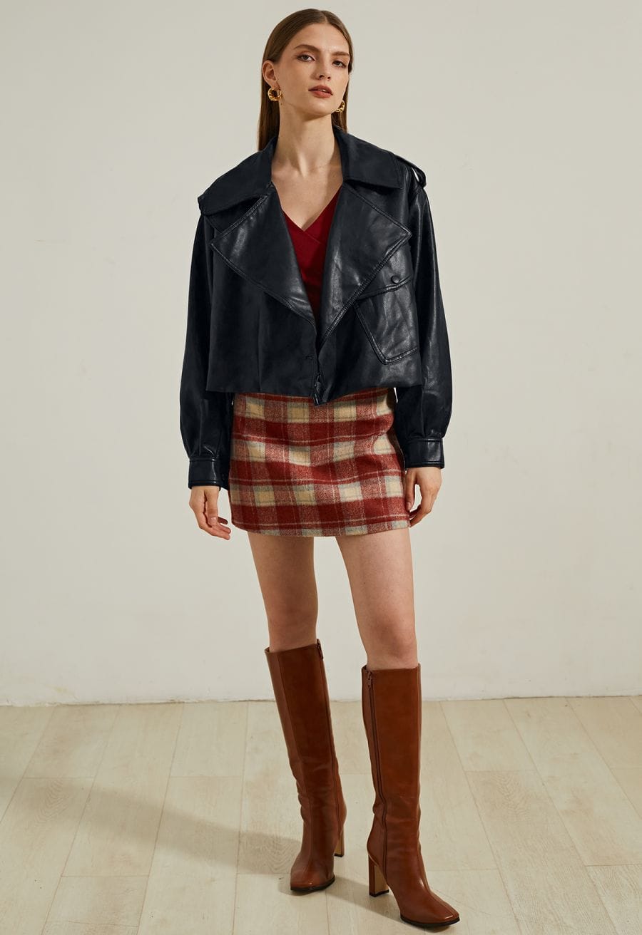 Stud Button Faux Leather Moto Jacket in Black